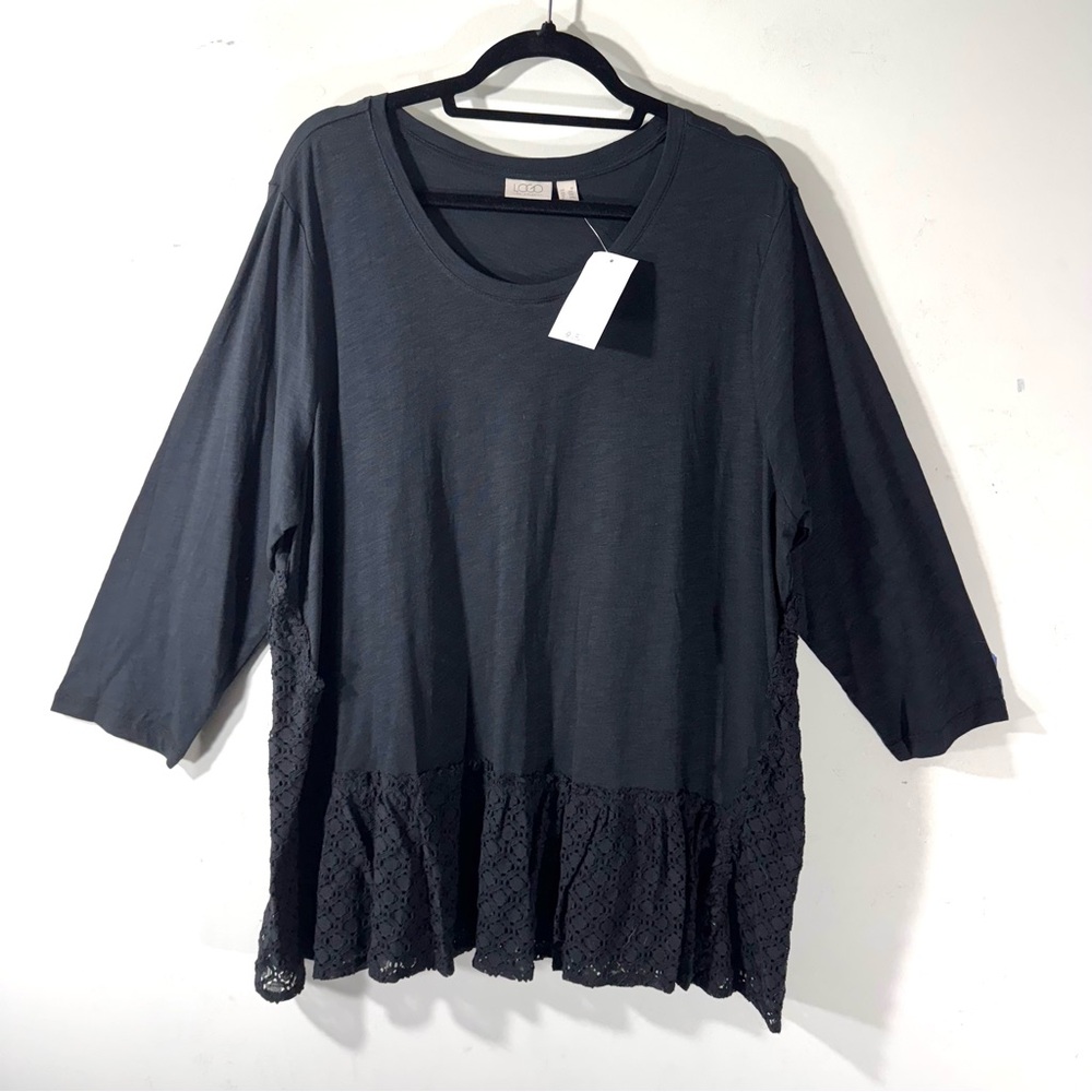 LOGO Lori Goldstein Black Cotton Slub Tunic with Ruffle Lace A652874 - Picture 2 of 12